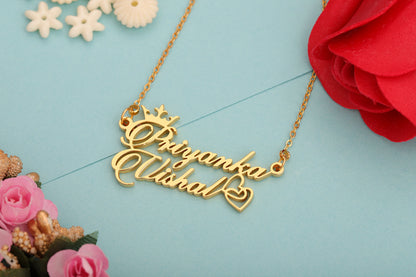 COUPLE NAME NECKLACE WITH CROWN HEART (18K GOLD PLATED)